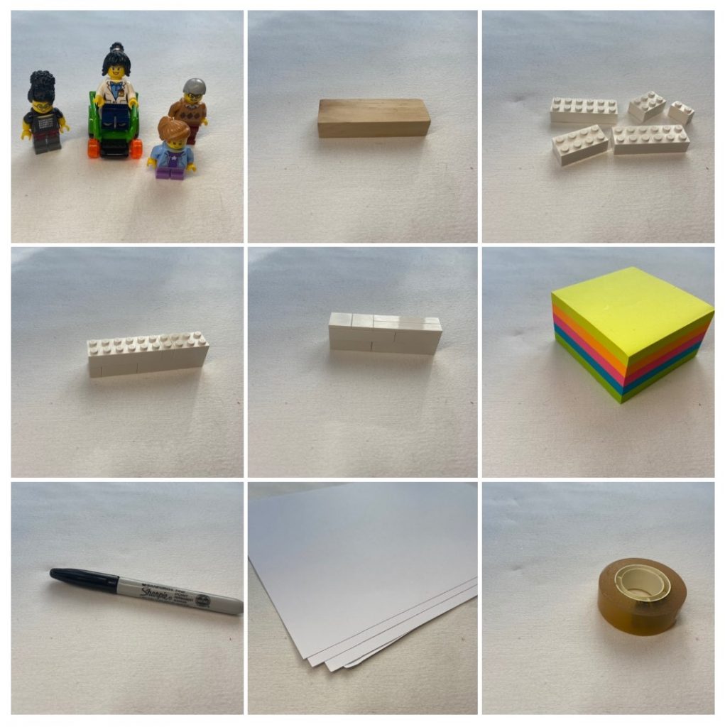 9 photos of materials including Lego minifigs, post it notes, paper, pens, sellotape, Jenga and Lego