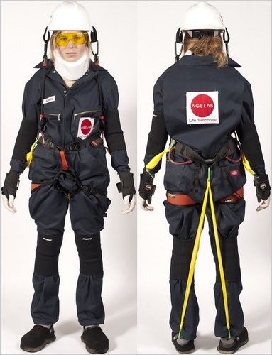 Person in ageing suit that restricts movement and sensory capacities