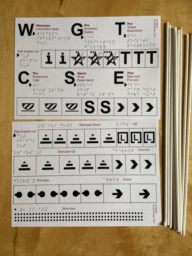 2 A4 pages of symbols and Braille for cutting up and using in workshop plus some art straws