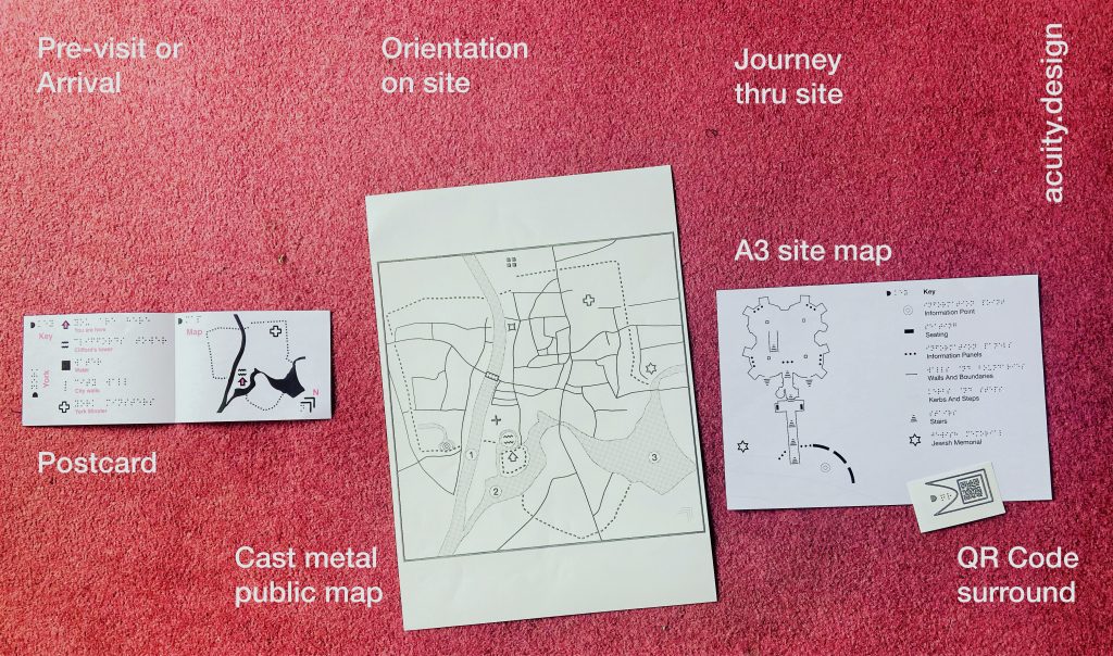 Three maps for English Heritage - small map by post, site map on arrival, detailing building guide and tactile QR codes for deeper visit information