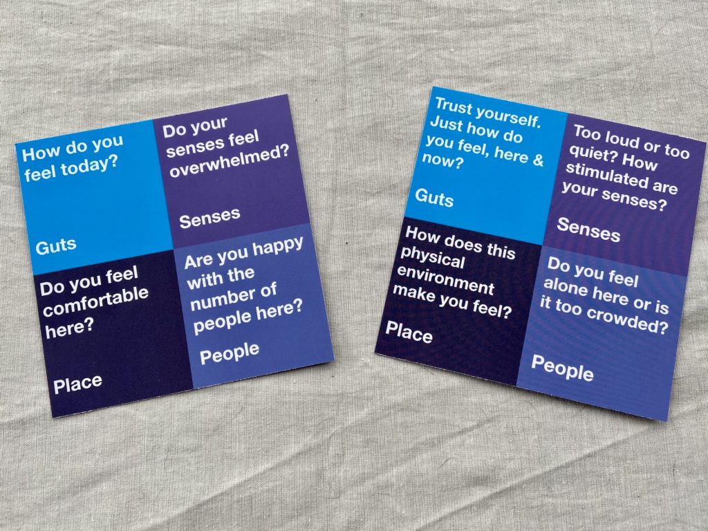 showing two sides of card with 4 questions about personal sense of comfort in terms of body, senses, social connection and architecture