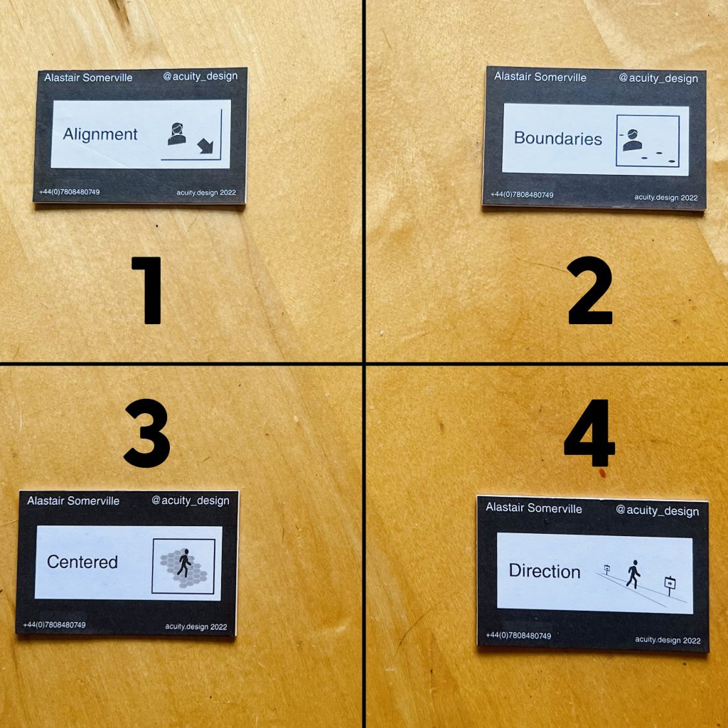 The same cards but with lines drawn on the surface and now numbered 1 to 4
