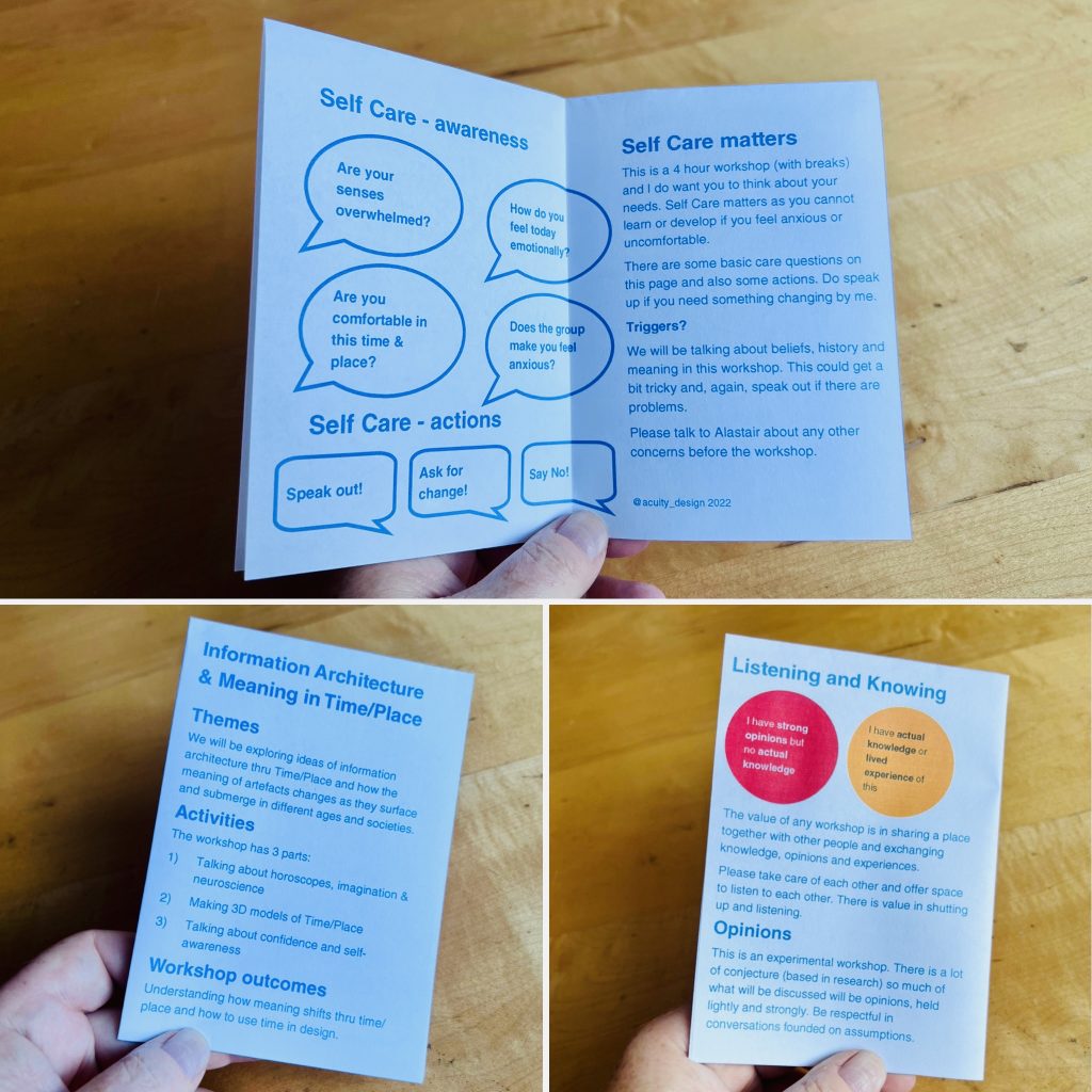 three pictures of the self care booklet for EuroIA workshop
