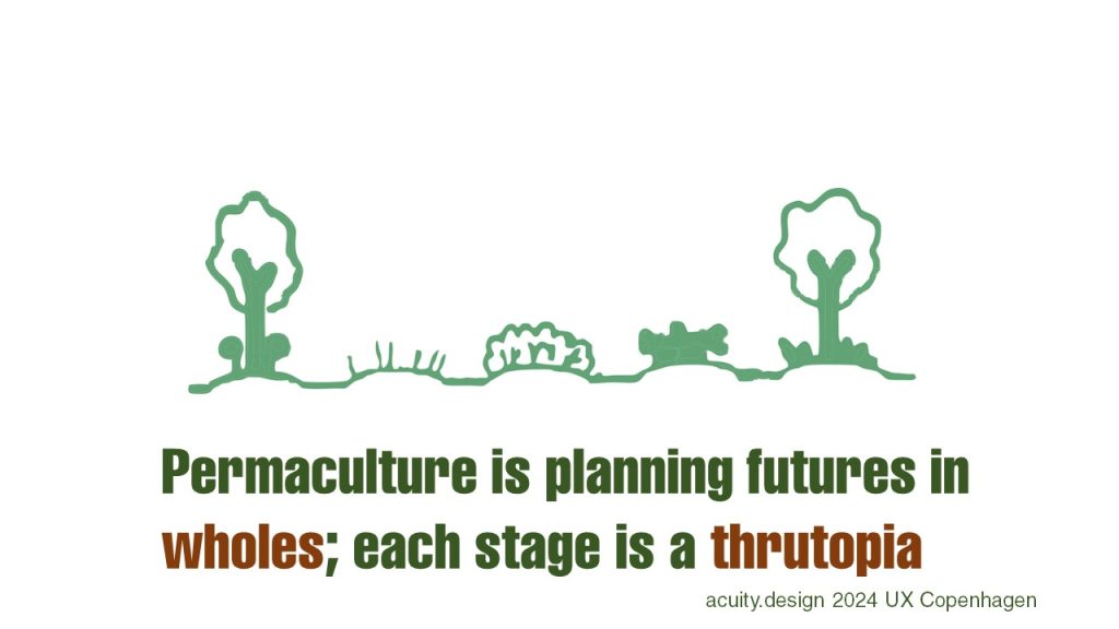 Sketch of trees and plants but they are all smaller than previous version as this slide is from earlier in workshop. Text says Permaculture is planning futures in wholes, each stage is a thrutopia
