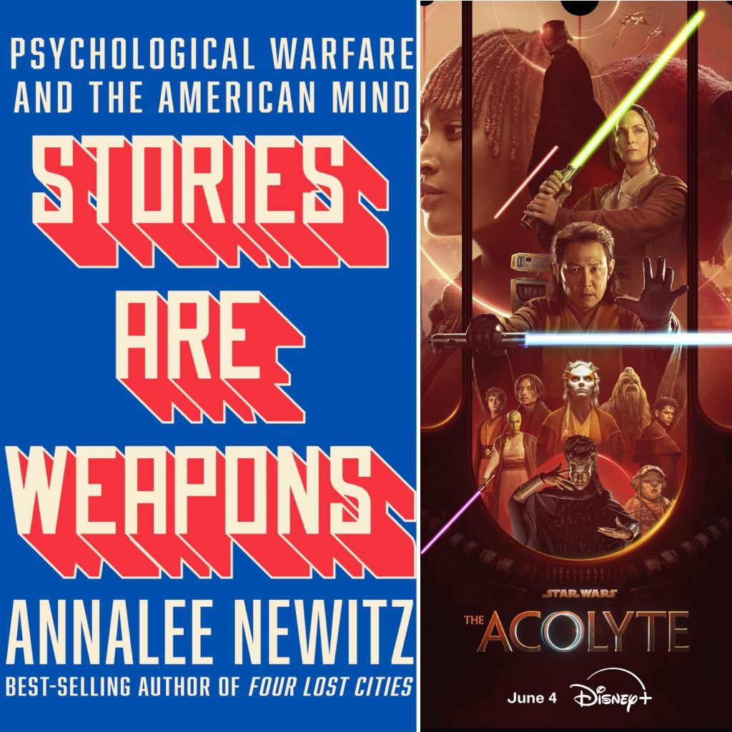 Front cover of Stories are weapons book and poster for The Acolyte TV series