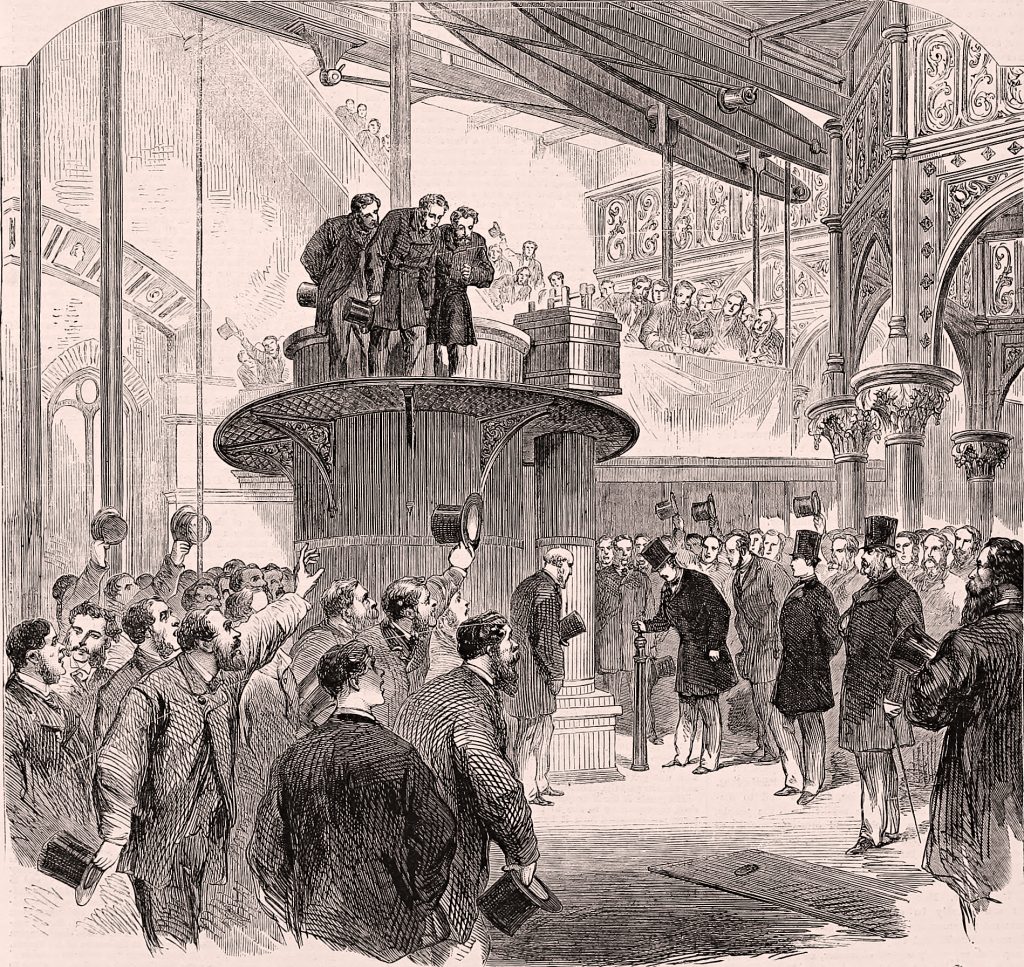 Fine ink sketch of The Prince of Wales opening the Metropolitan Main-drainage works at Crossness in London from wikipedia. Many Victorian men waving top hats as prince presses a button next to pump