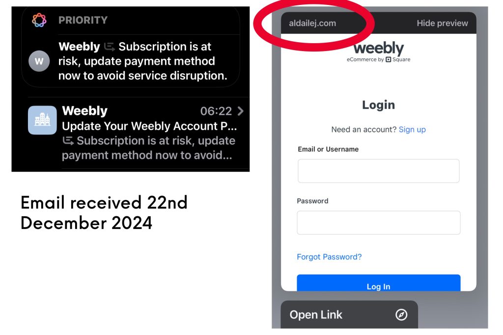 Email from Weebly is actually a phishing email. Apple Intelligence has added a priority message that subscription may be at risk. Link preview image highlights the problem