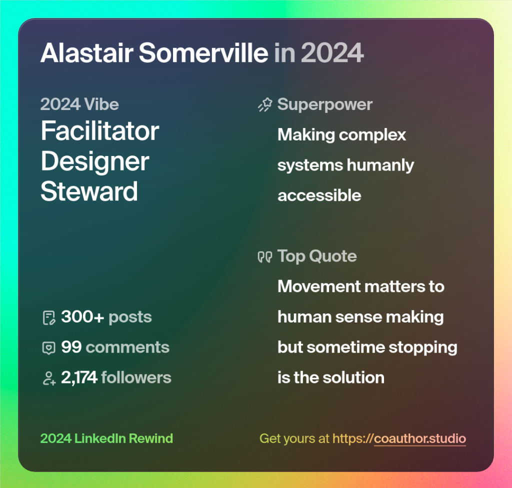 Square shaped summary card - facilitator, designer, steward. Making complex systems humanly accessible 