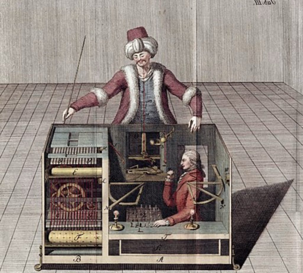 Colour plate picture of how the mechanical Turk chess machine con worked with man inside a hidden chamber