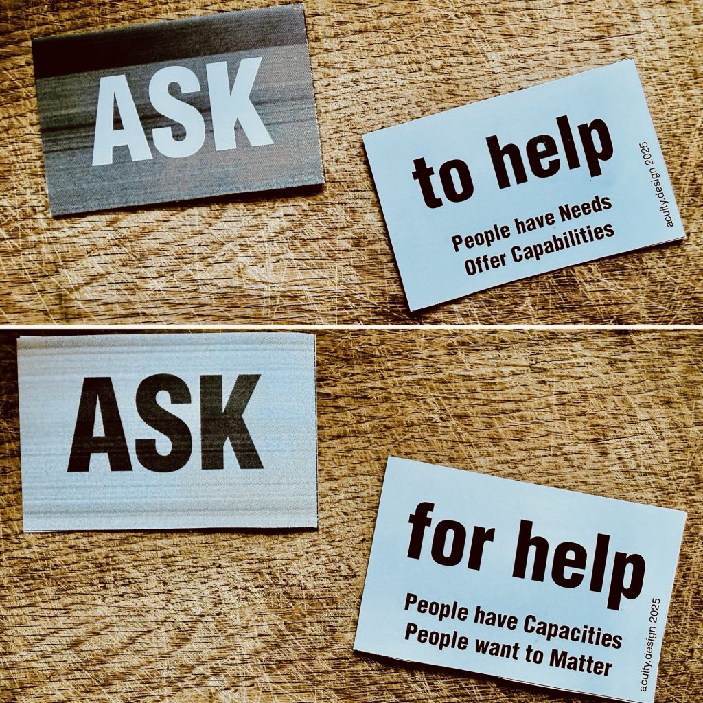 Two card prototypes with ASK on one side and either to help or for help on flip side