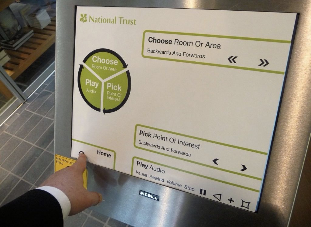 Tactile overlay test screen on national trust touchscreen kiosk. 