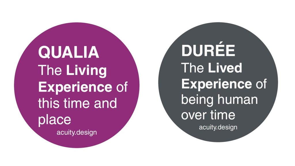 Two round stickers on Qualia and Duree - the living and the lived experinces of humans