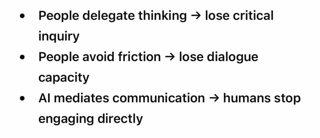 • People delegate thinking → lose critical
inquiry
• People avoid friction → lose dialogue
capacity
• Al mediates communication → humans stop engaging directly