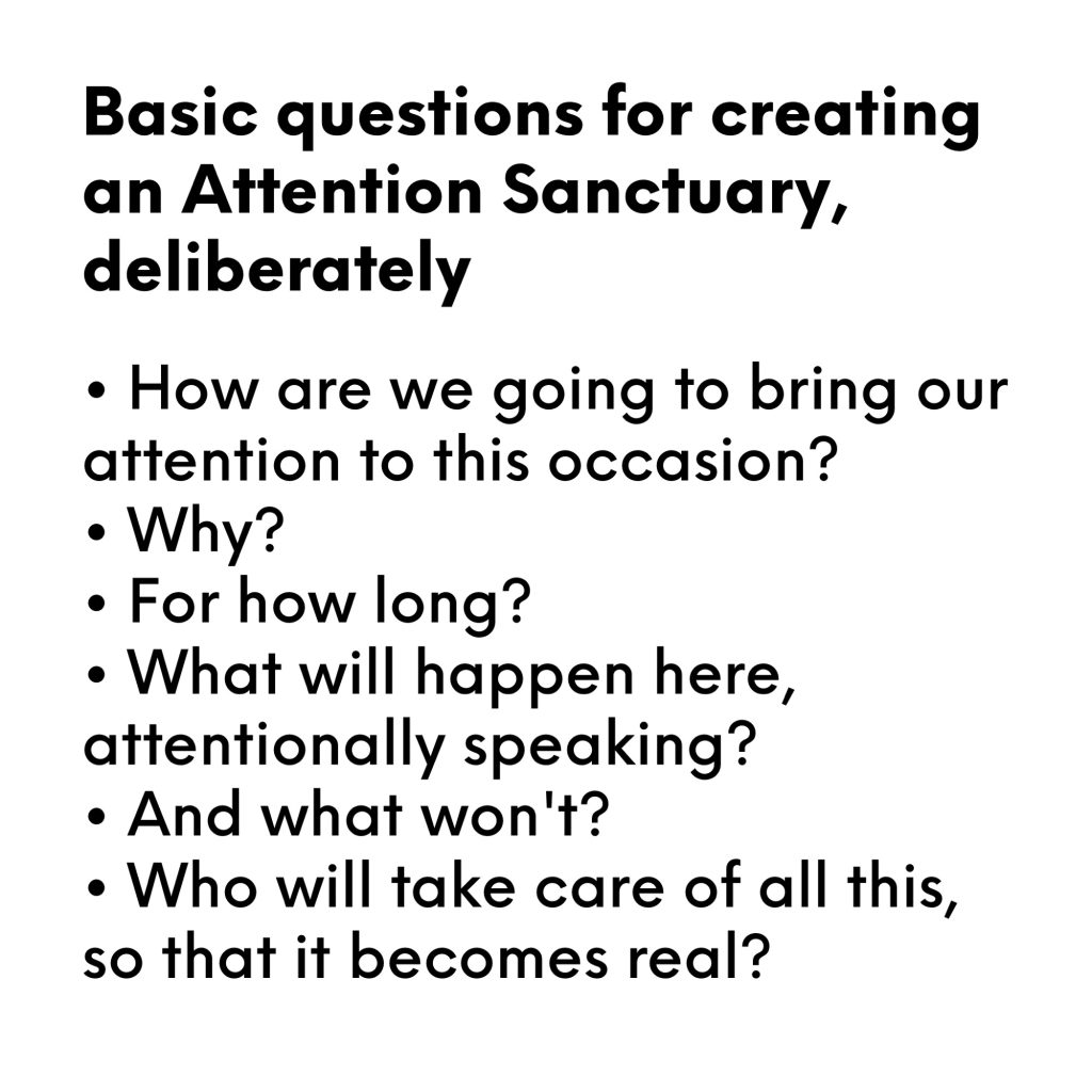 • How are we going to bring our attention to this occasion?
• Why?
• For how long?
• What will happen here, attentionally speaking?
• And what won't?
• Who will take care of all this, so that it becomes real?