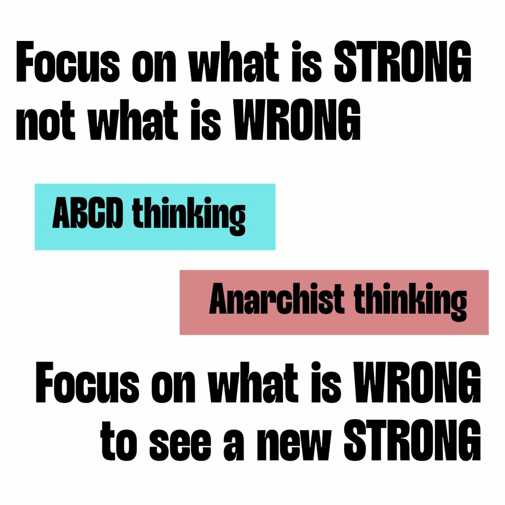 Focus on what is STRONG not what is WRONG in ABCD thinking

Anarchist thinking has Use what is WRONG to see a new STRONG