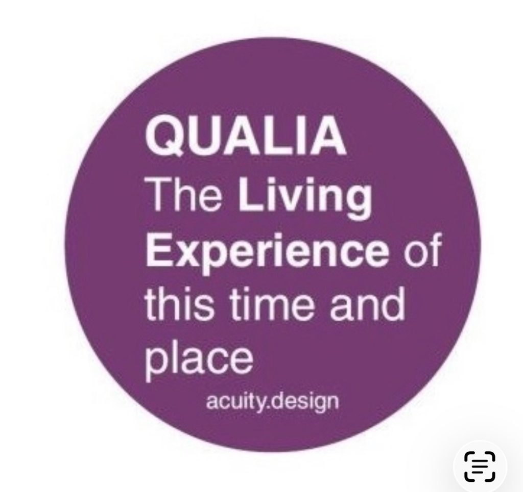 Round sticker about Qualia - the living experience of here and now 