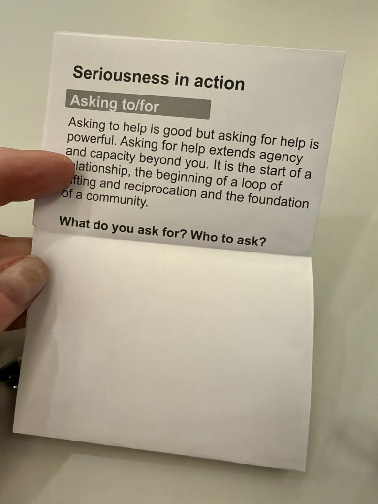Seriousness in action and the points about asking to and asking for. The question is left with 1/2 page to fill in by participant.